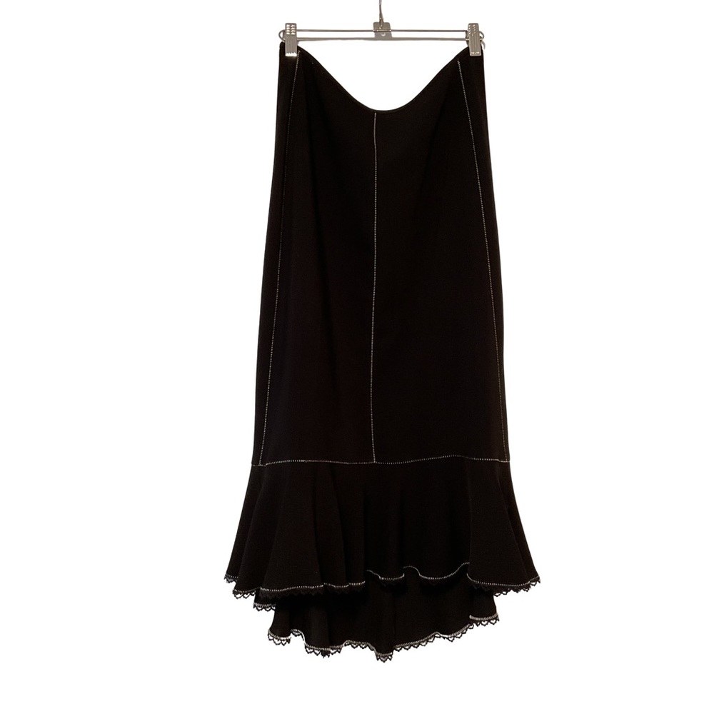 Drama High-Low Midi Skirt with Contrast Stitching and Lace Trim